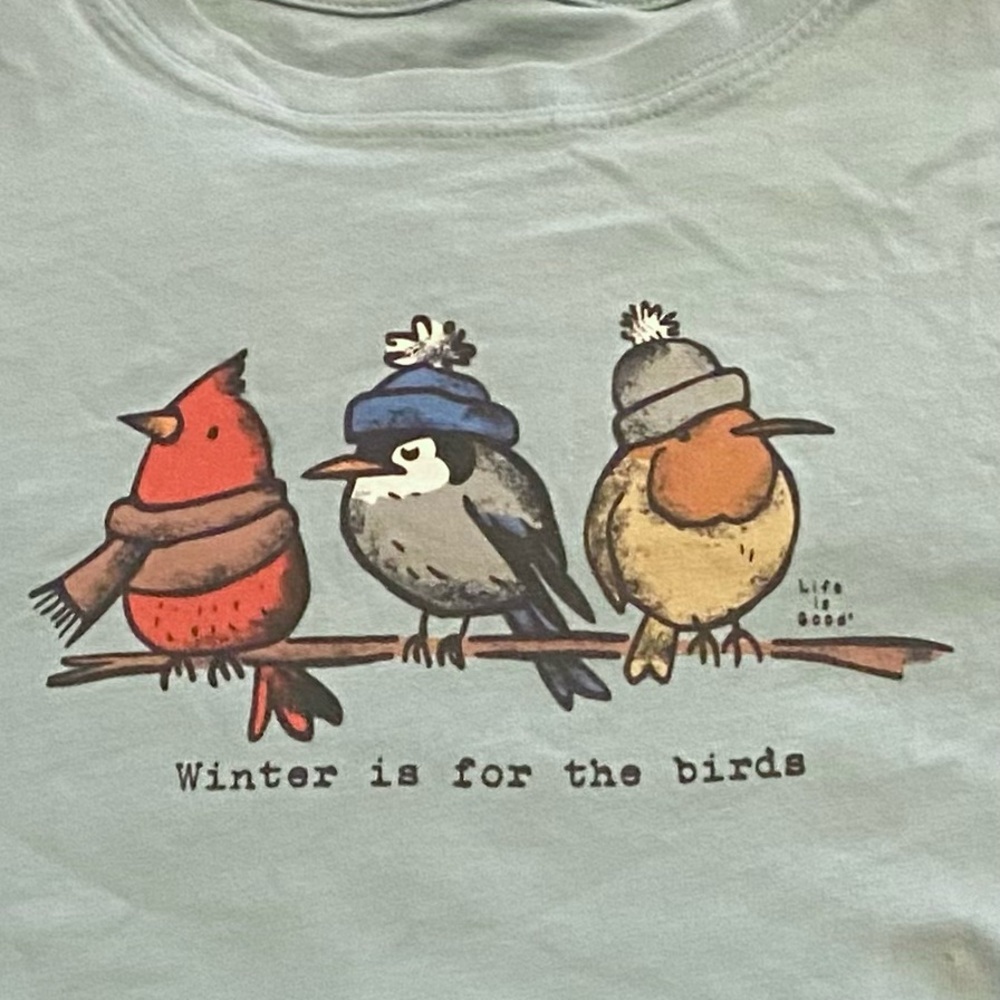 Life is Good pastel Blue Long Sleeve Shirt: Winter is For the Birds Print